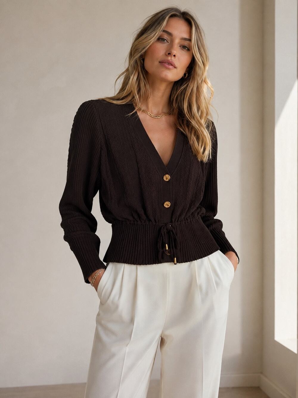 St. John Sport Wool Blend Puff Sleeve V-Neck Cardigan Sweater Brown Womens Large